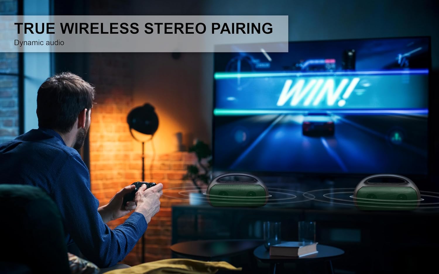 Two Fisher FBX390 speakers paired for True Wireless Stereo (TWS) during a gaming session