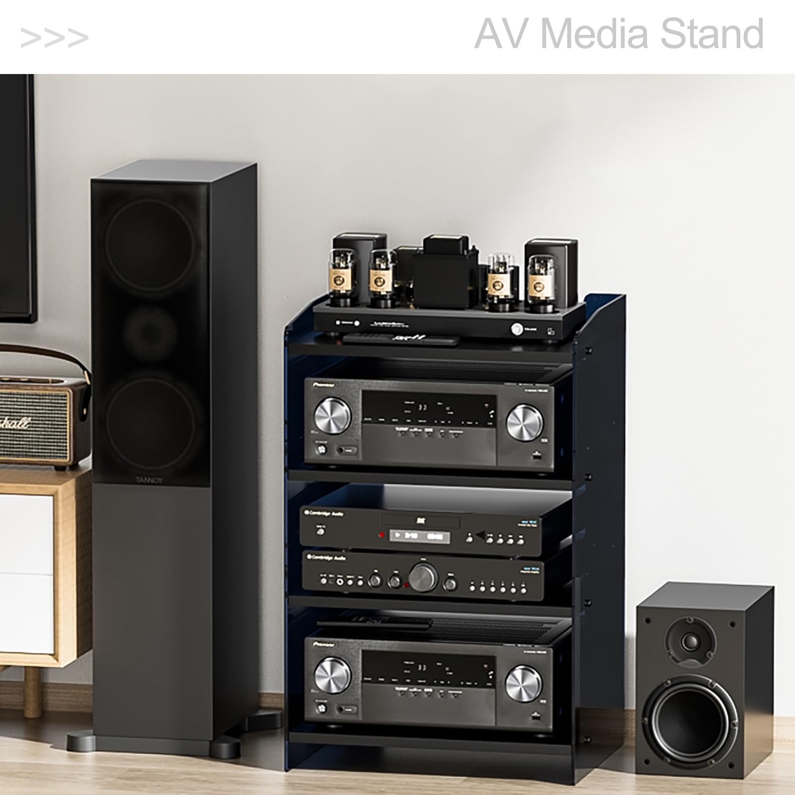 Stojak do przechowywania multimediów HiFi regulowany stojak na telewizor na sprzęt audio uchwyt na płyty winylowe centrum rozrywki żółty 60,6 cm / 23,9 cala idealny do konfiguracji kina domowego