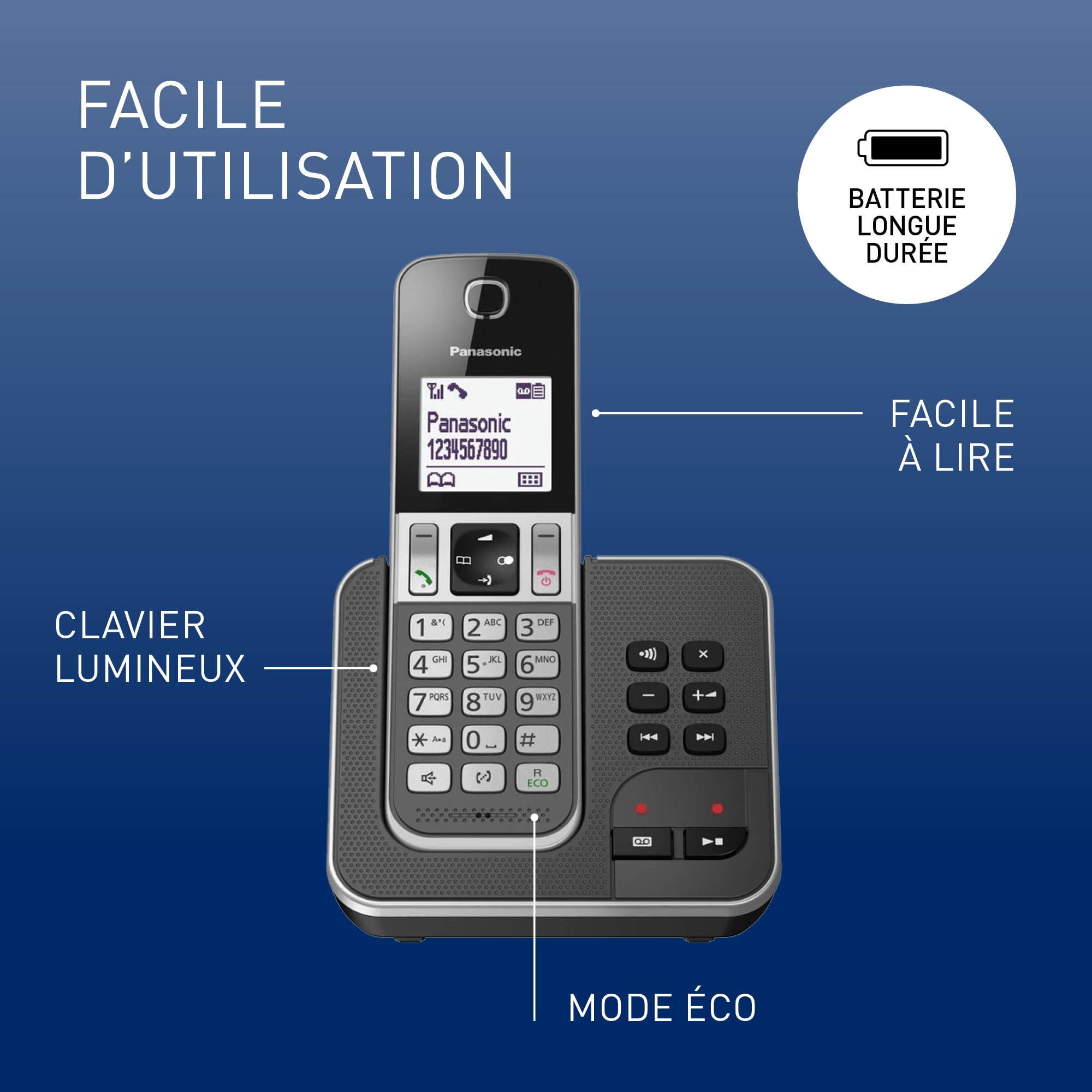 Panasonic KX-TGD322 Téléphone sans Fil Répondeur Écran Noir