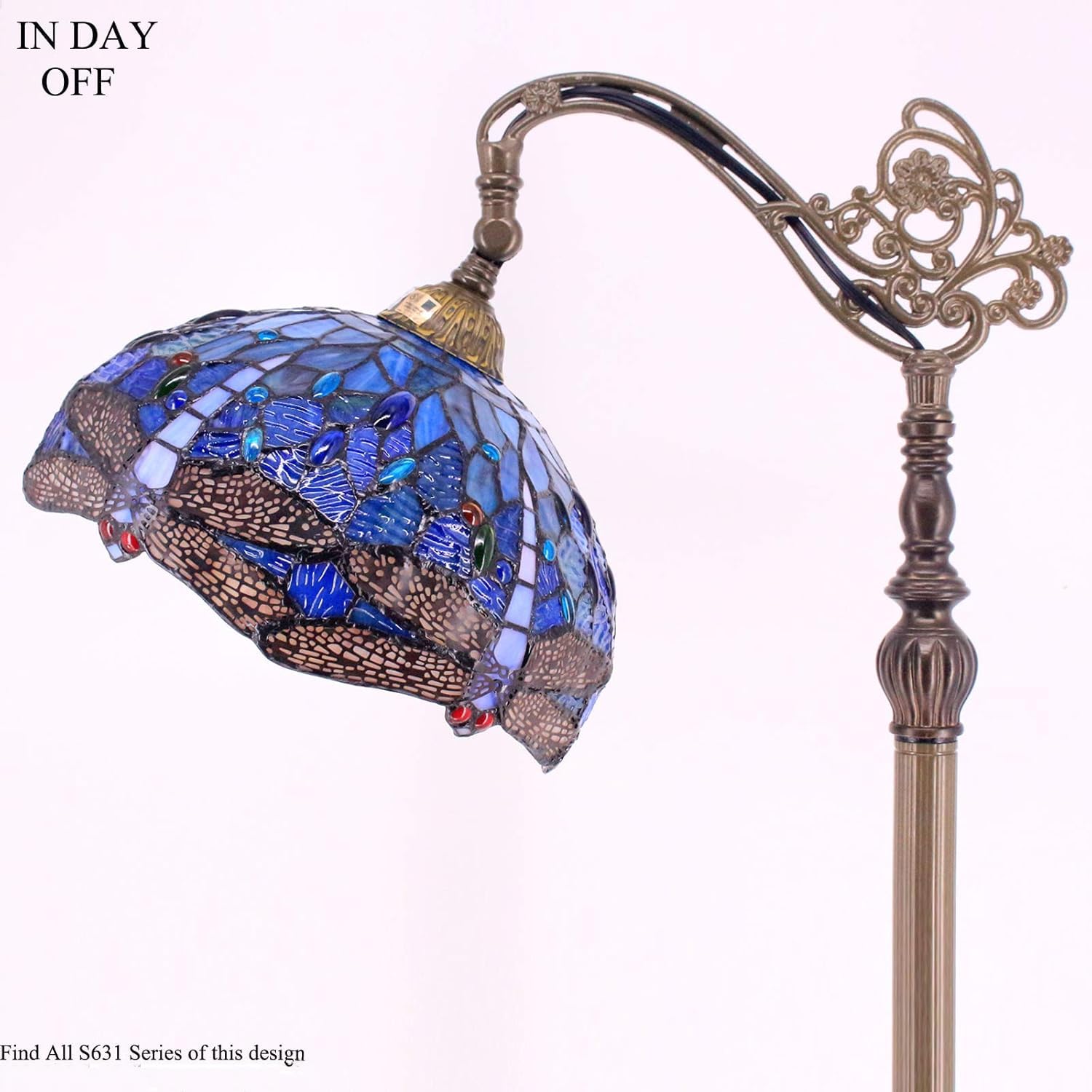 WERFACTORY Tiffany Floor Lamp Blue Stained Glass Dragonfly Arched