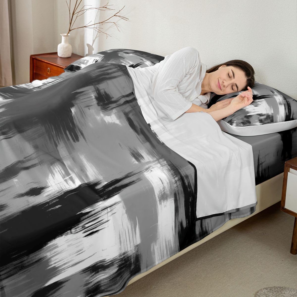 Feelyou Grey Black White Abstract Bed Sheets Set King Size Geometric Sheet Set for Kids Stripe Line Sheets with Deep Pocket Fitted Sheet Women Men Teens Ultra Soft Decor Modern Art Bedding Set