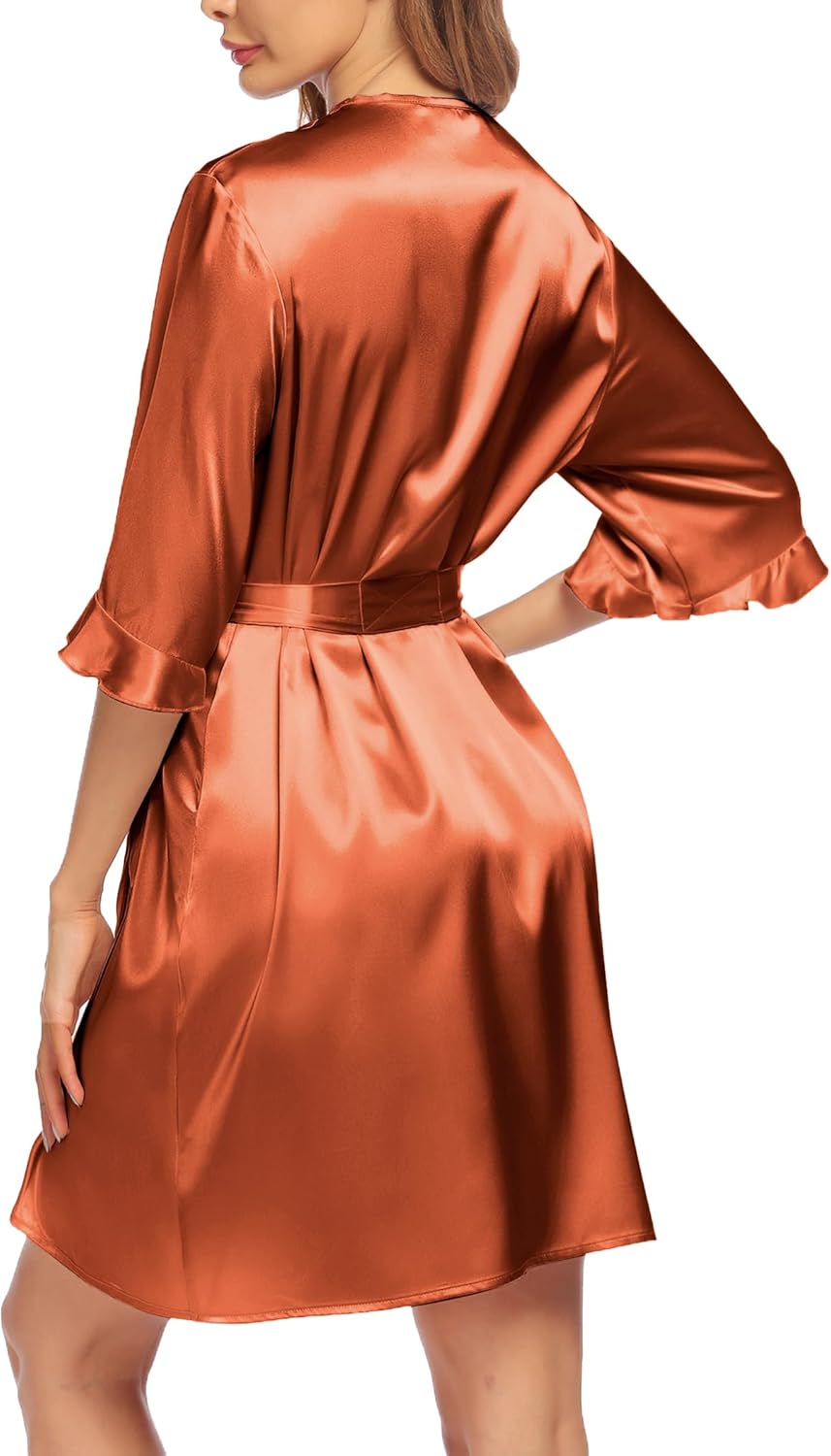 Ekouaer Women's Satin Robe Valentines Lingerie for Women Kimono Bathrobe Short Ruffle Belted Robes Bridesmaids Sleepwear - Image 3