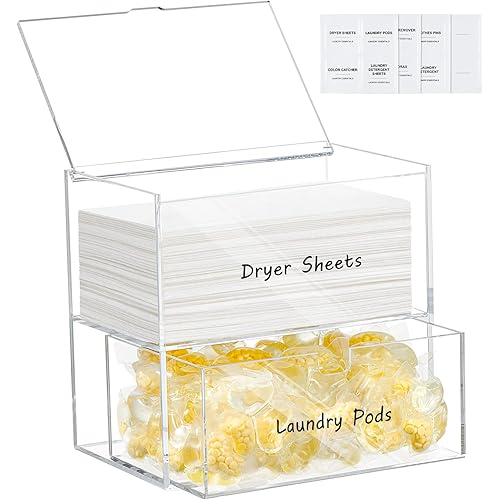 Dryer Sheet Holder, Dryer Sheet Container with Dryer Sheet Label, Acrylic Dryer Sheet Dispenser, Clear Laundry Room Organizer with Laundry Room Labels for Dryer Sheets, Laundry Pods, Dryer Balls