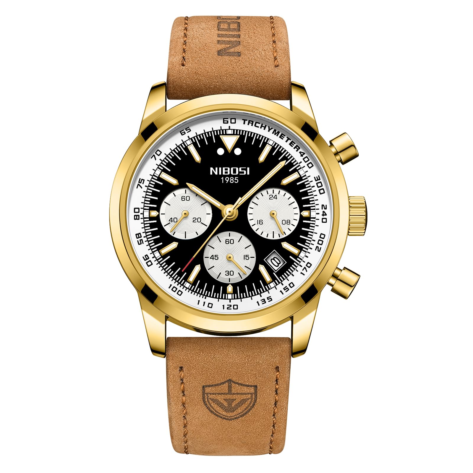 NIBOSI Orologio Uomo 42mm – Quadrante Nero, Cassa Oro, Cinturino In Pelle Marrone, Impermeabile, Data