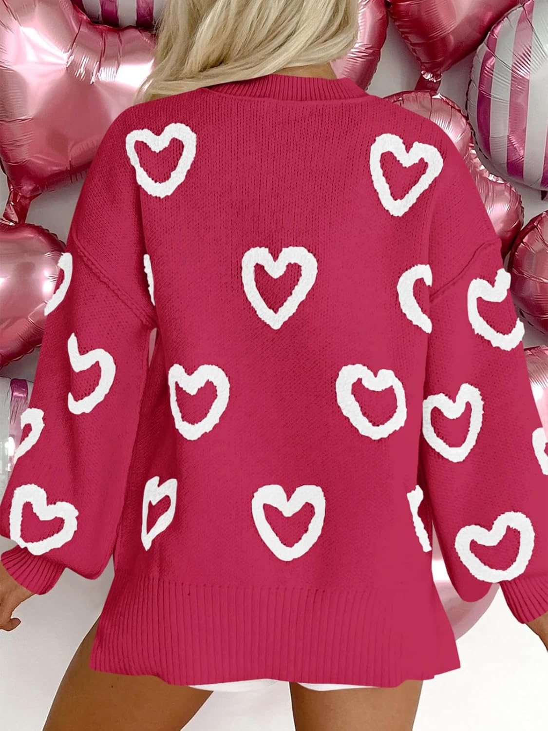 Saodimallsu Womens Heart Sweater Valentines Oversized Cute Winter Chunky Knit Crew Neck Side Slit Pullover Sweaters - Image 5