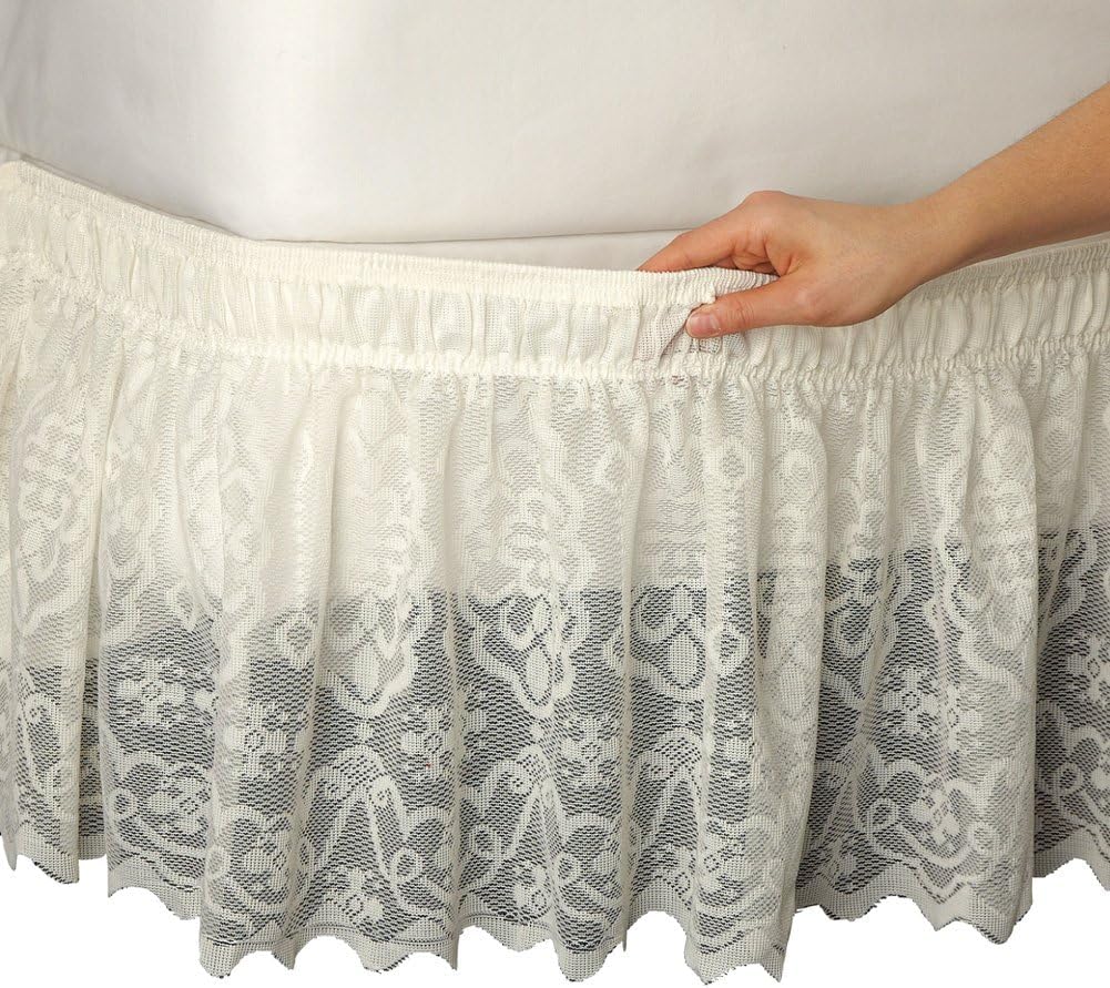 Collections EtcLace Trimmed Elastic Bed Wrap, Easy Fit Dust Ruffle Bedskirt, Ivory, Queen/King