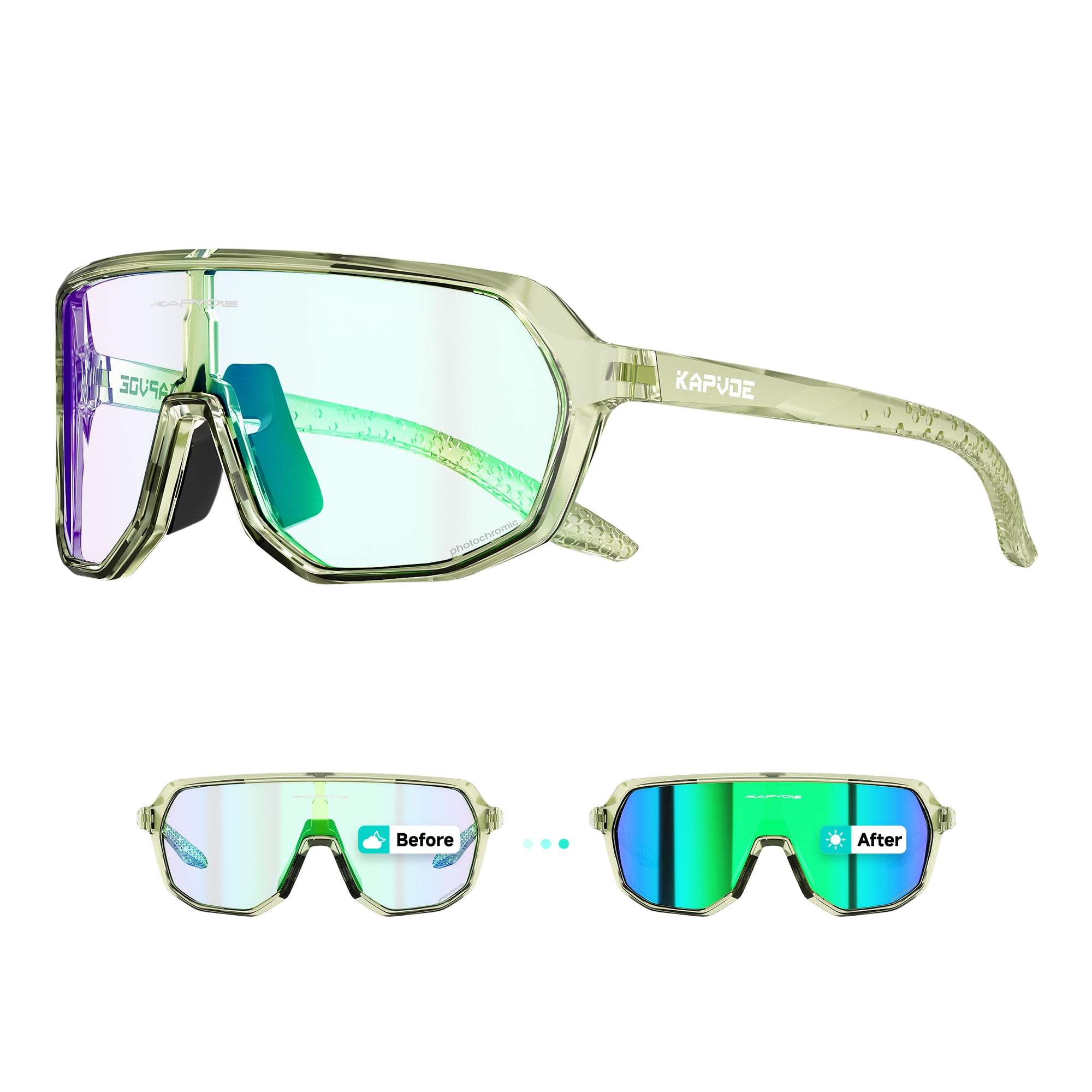 KAPVOE Occhiali Ciclismo Fotocromatici UV400 TR90 Uomo Donna K63 | Fotocromatica da trasparente a verde CAT.1-CAT.2, UV400, ventilazione, TR90 leggero