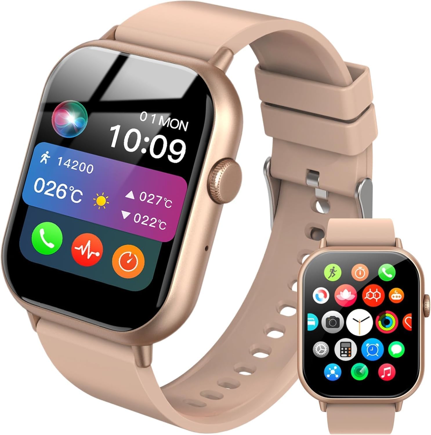 Smart Watch for Men Women (Answer/Make Call), 2.01” Fitness Tracker with 100+ Sport Modes, Smart Watches with 8 Health Functions Including Sleep Monitor/Heart Rate/Spo2, Android Phones/iOS(Gold)