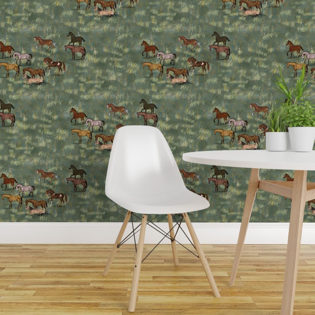 Removable Wallpaper 3ft x 2ft - Wild Horses Green Brown Horse Landscape Equestrian Field Pony Custom Pre-Pasted Wallpaper by Spoonflower