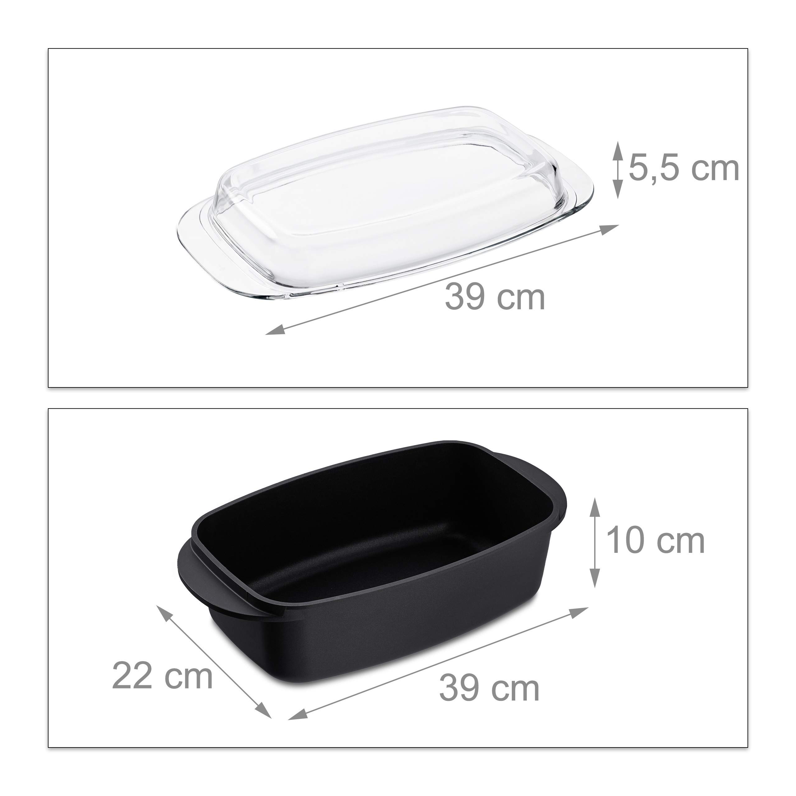 Relaxdays Teglia con Coperchio in Vetro, Antiaderente, Casseruola da Forno, Lavabile in Lavastoviglie, 39 cm, Nero