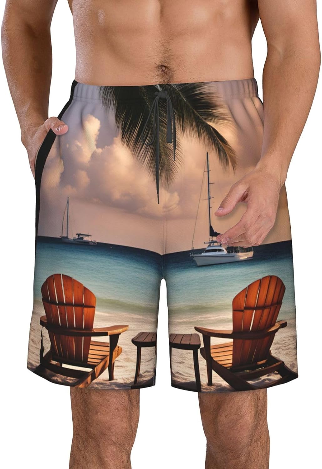 Mens Beach Palm Tree Chairs Boats Print Beach Shorts,Casual Summer Shorts for Men,Quick Dry Polyester