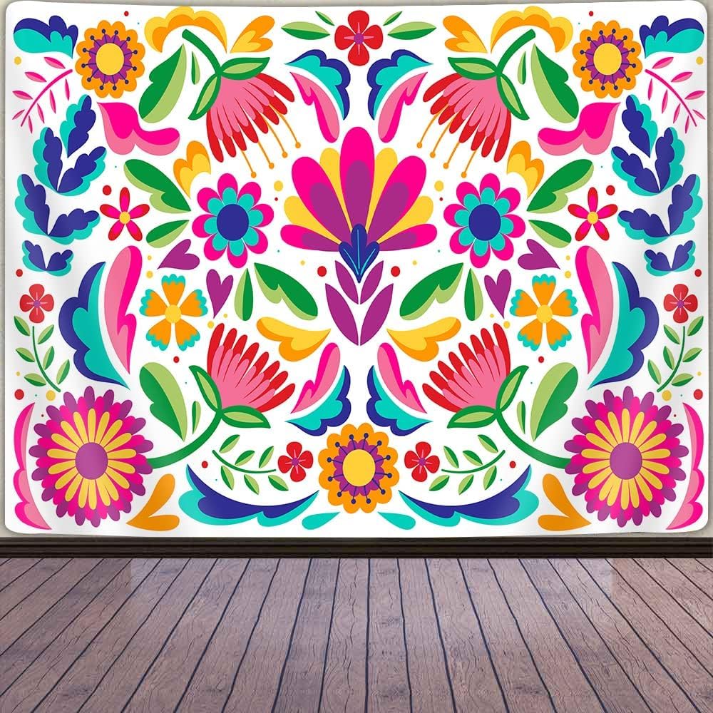 GOAOK Mexican Tapestry, Colorful Mexico Floral Traditional Aesthetic Hippie Tapestries, Mexican Ornate Ethnic Pastel Flowers Plant Tapestry Wall Hanging for Bedroom Living Room 80"x60" White