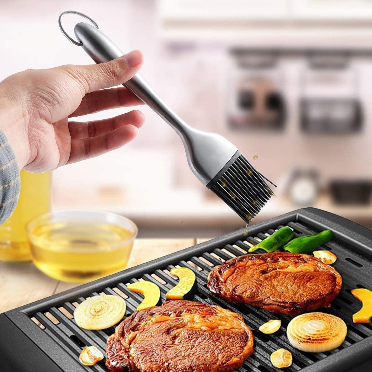 P-plus international silicone basting brush set,stainless steel basting brush with silicone bristles for bbq/grilling/pastry kitchen oil brush for dosa tawa pastry brush (pack 1(9 inch)) - msdeals