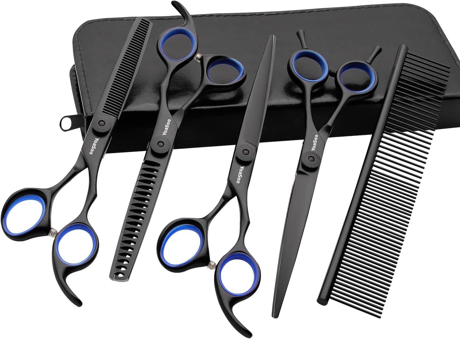 YeaSee 7.5 inches Professional Dog Grooming Scissors Set Straight & thinning & Curved & chunkers 5pcs in 1 Set (with Comb)