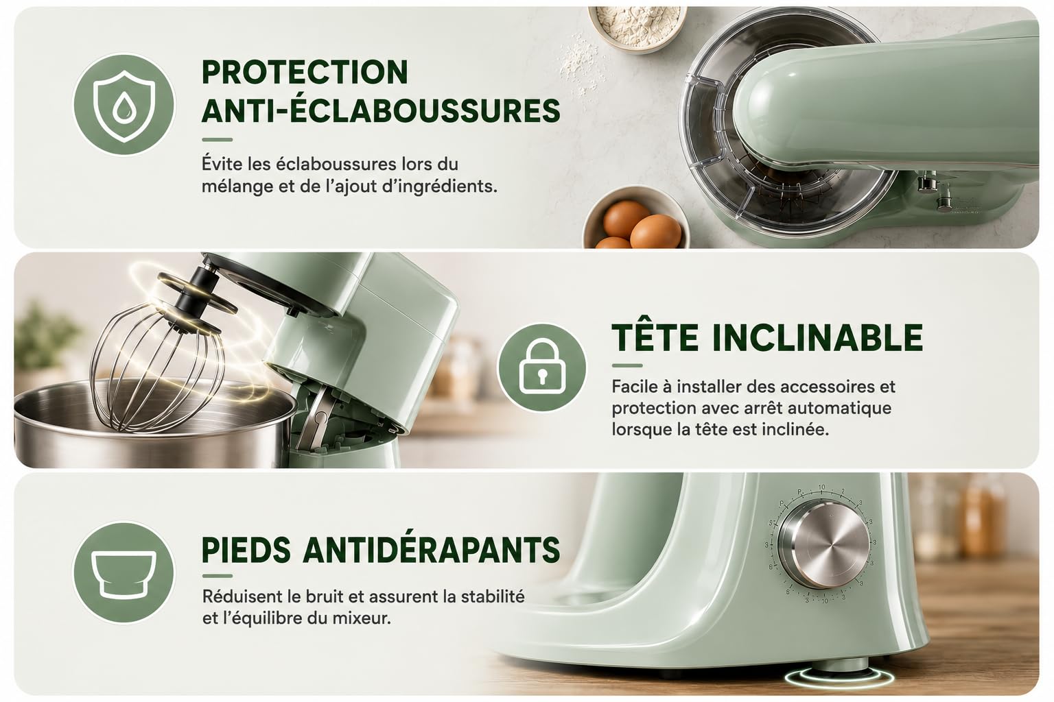 Royal Swiss Professional Pastry Processor - 2000W 8.5L Mint Green - Professional Planetary Kitchen Processor - Large Capacity Electric Kneader with 304 Stainless Steel Bowl - 6 Speeds - Hook, Whisk & Beater