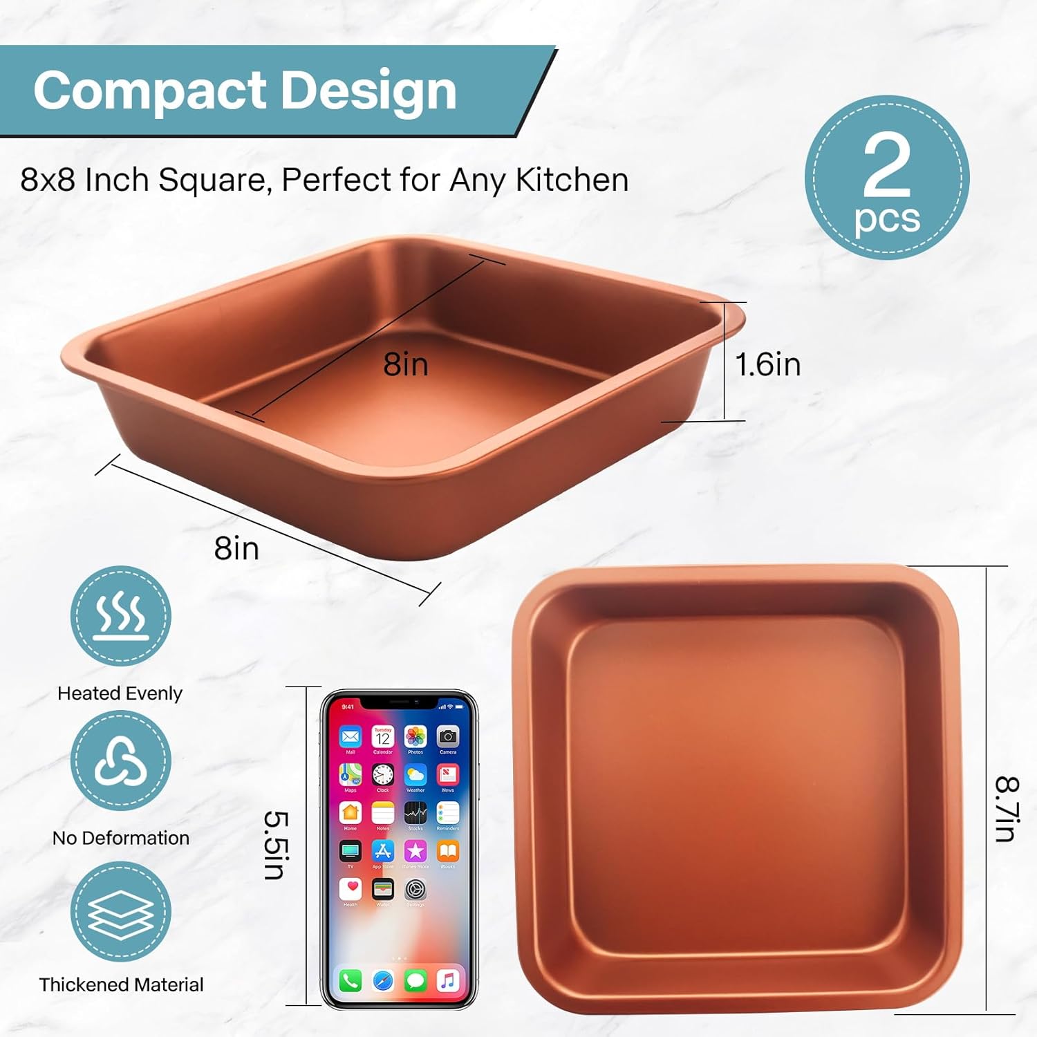 2-Pack 8 inch Square Cake Pan, 8x8 Baking Pan, Cornbread Square Baking Pan, Perfect for Brownies, Lasagna,Oven Safe - Image 7