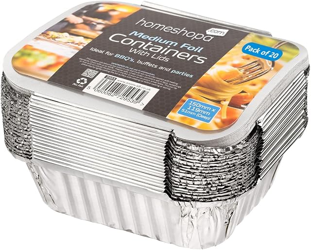 Homeshopa Aluminum Foil Trays Containers with Lids, Disposable Meal Prep Baking Food Storage Takeaway Tins, Medium Foil Tray Idea for Roasting Baking Broiling Cooking Food Storage and Freezing (20)