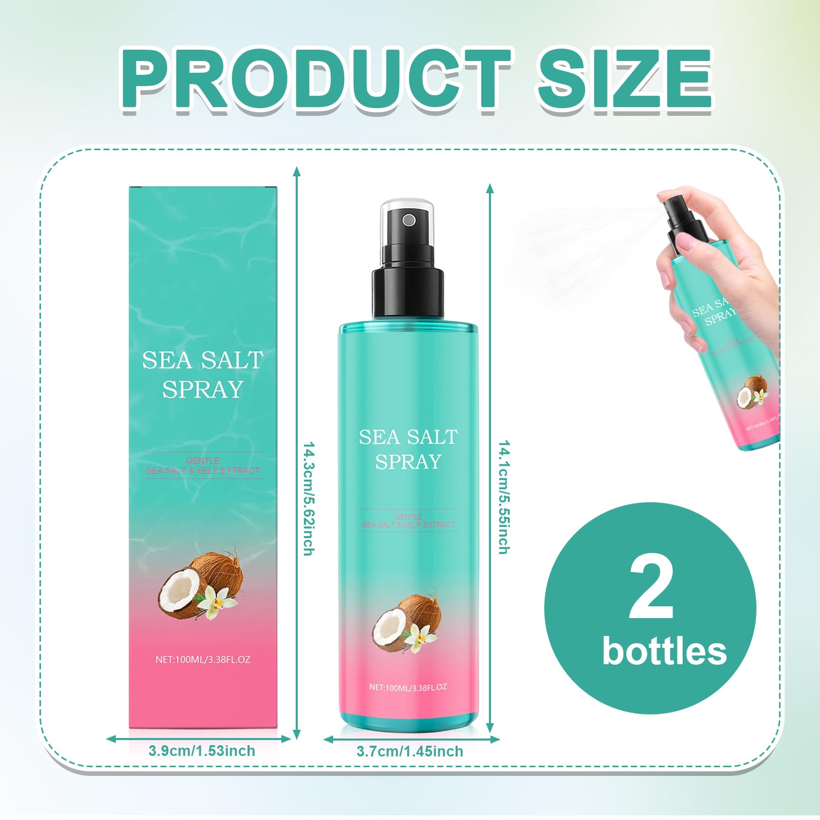 2 Pièces Sea Salt Spray, 100ml Spray Cheveux Sel de Mer avec Sel Marin Naturel pour Volume, Brillant & Tenue Flexible, Texturisant Cheveux pour Boucles et Vagues Beach, Finition Mate, Unisexe