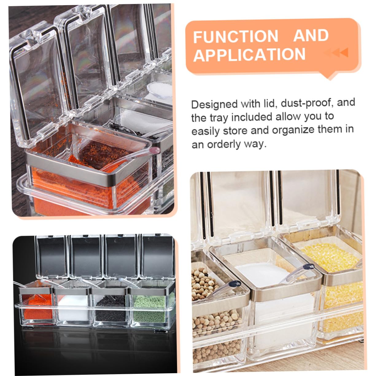VICASKY Acryl Gewürzbox mit Edelstahl Deckeln und Tablett Durchsichtige Gewürzbehälter für Gewürze und Salz Langlebig Hauswarming Geschenk