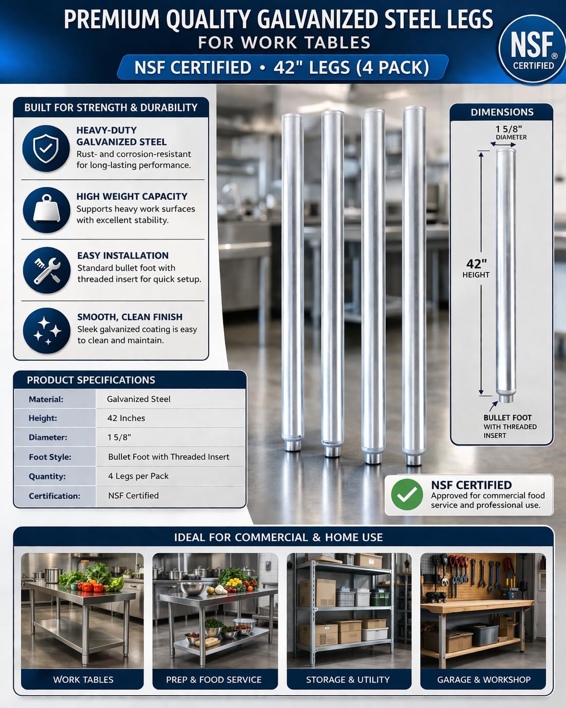 Premium Quality Galvanized Steel Legs for Work Tables – NSF Certified (42" Legs (4 Pack))