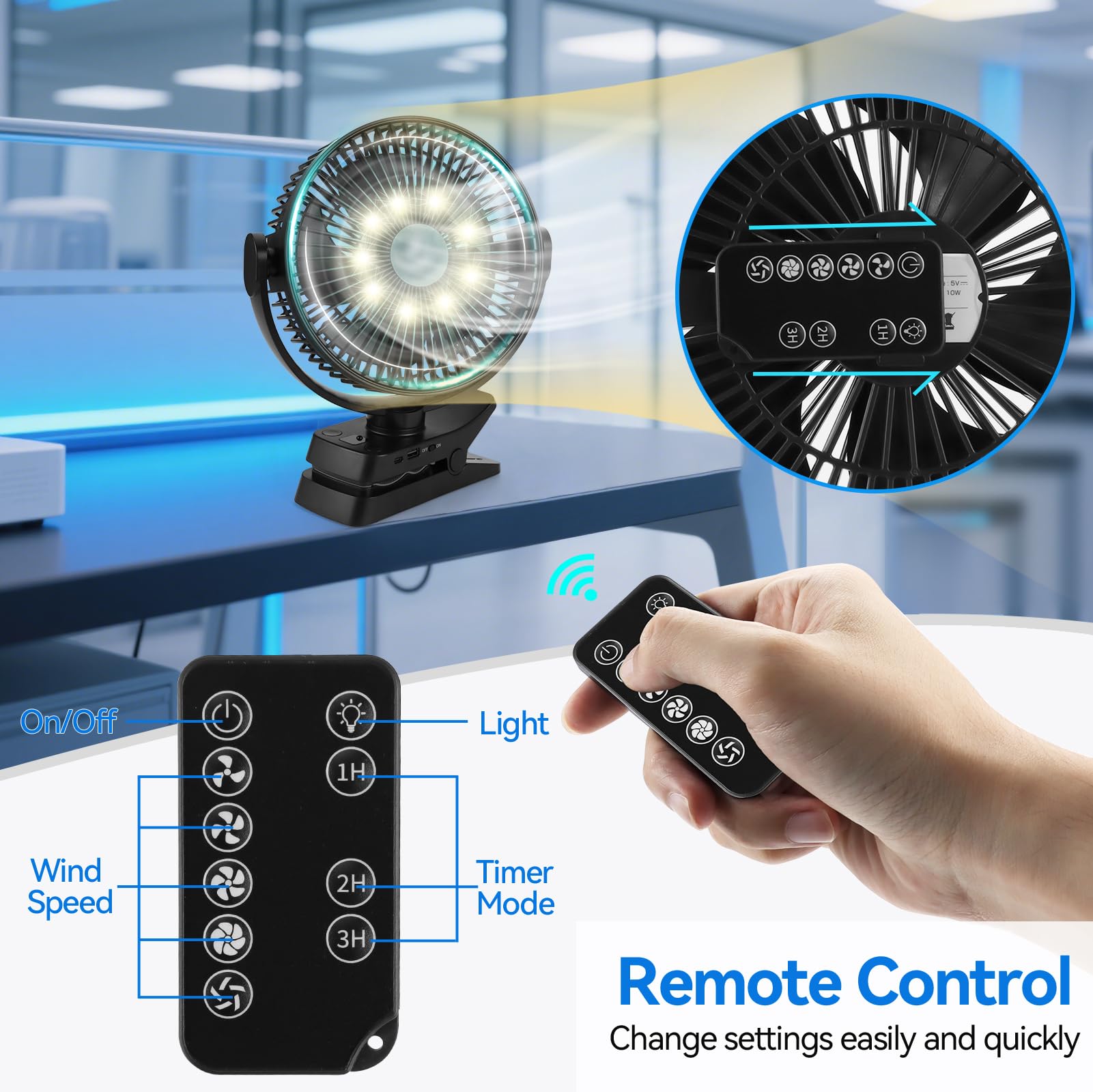 Ventilatore Portatile con Clip, 12000mAh Mini Ventilatore USB | Ventilatore Portatile Silenzioso a 5 Velocità con Telecomando, Timer e Luci LED, Ventilatore da Tavolo con Rotazione di 360°