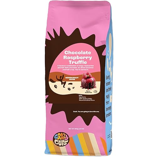 Crazy Cups Flavored Ground Chocolate Coffee, Chocolate Raspberry Coffee in 10 oz Bag, For Brewing Flavored Hot or Iced Coffee, (Pack of 1)