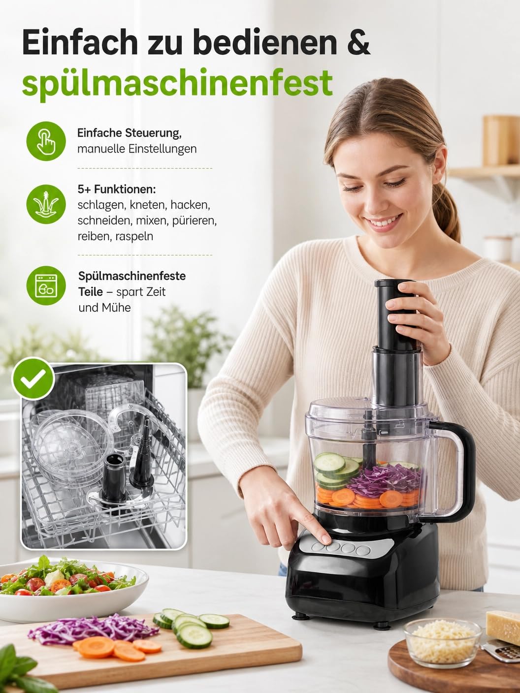 Food Processor 2.3L, Küchenmaschine, 2-in-1 Futterrutsche, 3 Geschwindigkeiten, All-in-One: Hacken, Raspeln, Pürieren, Teig, Ein-Knopf-Bedienung & Pulsfunktion