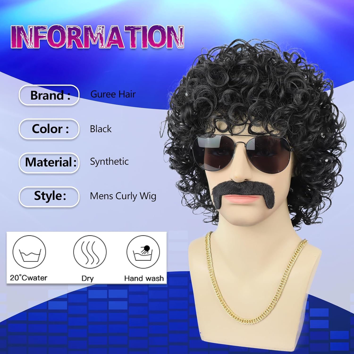 Mens Black Curly Wig + Glasses + Gold Chain + Mustache + Wig Cap 70s 80s Short Mullet Rocker Wigs for Costume Disco Party Cosplay Halloween Use（5pcs Set）
