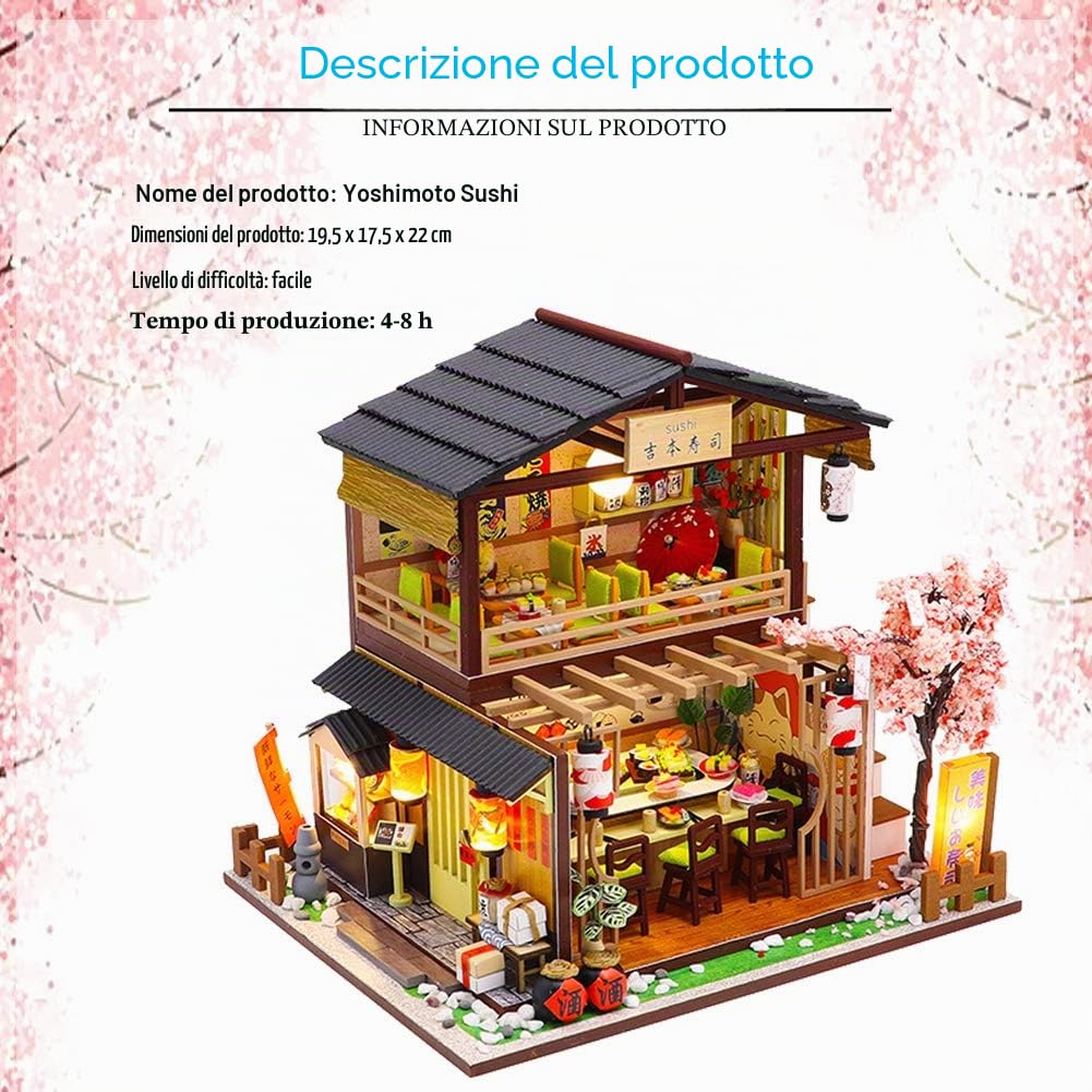 Kit fai da te in miniatura per casa delle bambole con scatola antipolvere e carillon, negozio di sushi giapponese, mobili per casa delle bambole 3D in legno, puzzle creativo, regalo di compleanno per