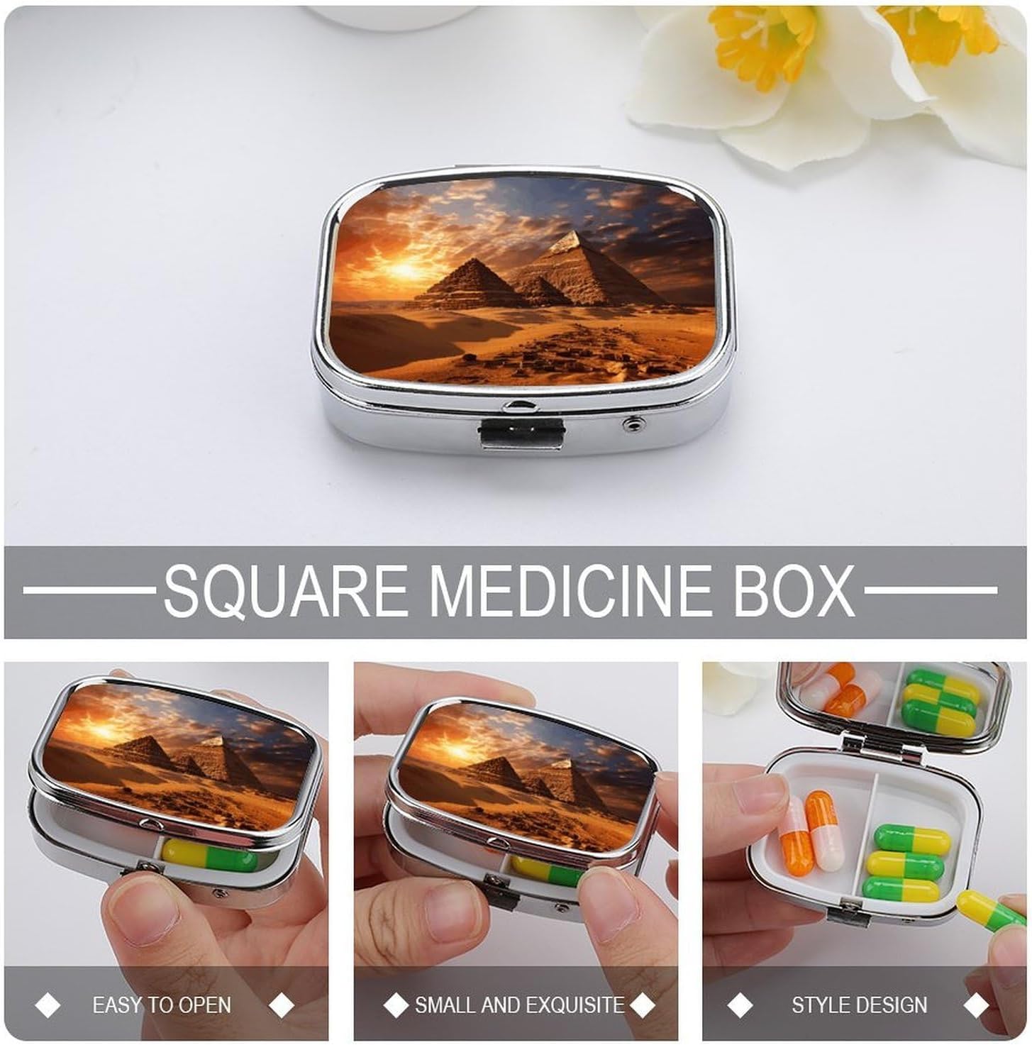 Egyptian Pyramids Square Pill Box with 2 Compartment & Mirror image 4