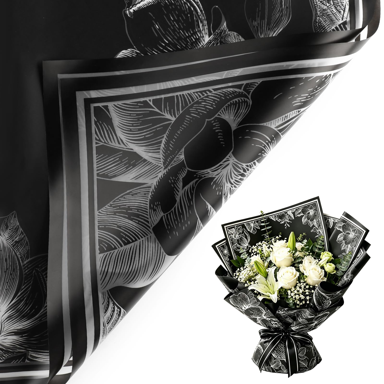 20 Sheets Bouquet Wrapping Papers with floral printed,Waterproof Flower Wrapping Paper,Florist Packaging Paper for DIY Crafts Wedding Birthday Gift Supplies(Black)