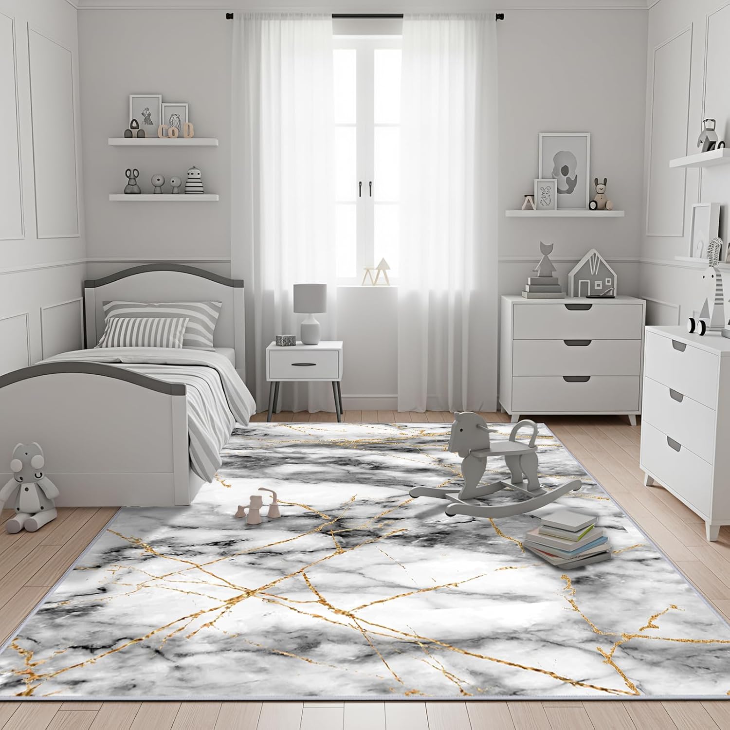 Area Rugs for Living Room, Abstract Washable 8x10 Rug Large Rug for Dining Room Bedroom, Modern Non Slip Carpet Indoor Nursery Home Office,Gold Grey