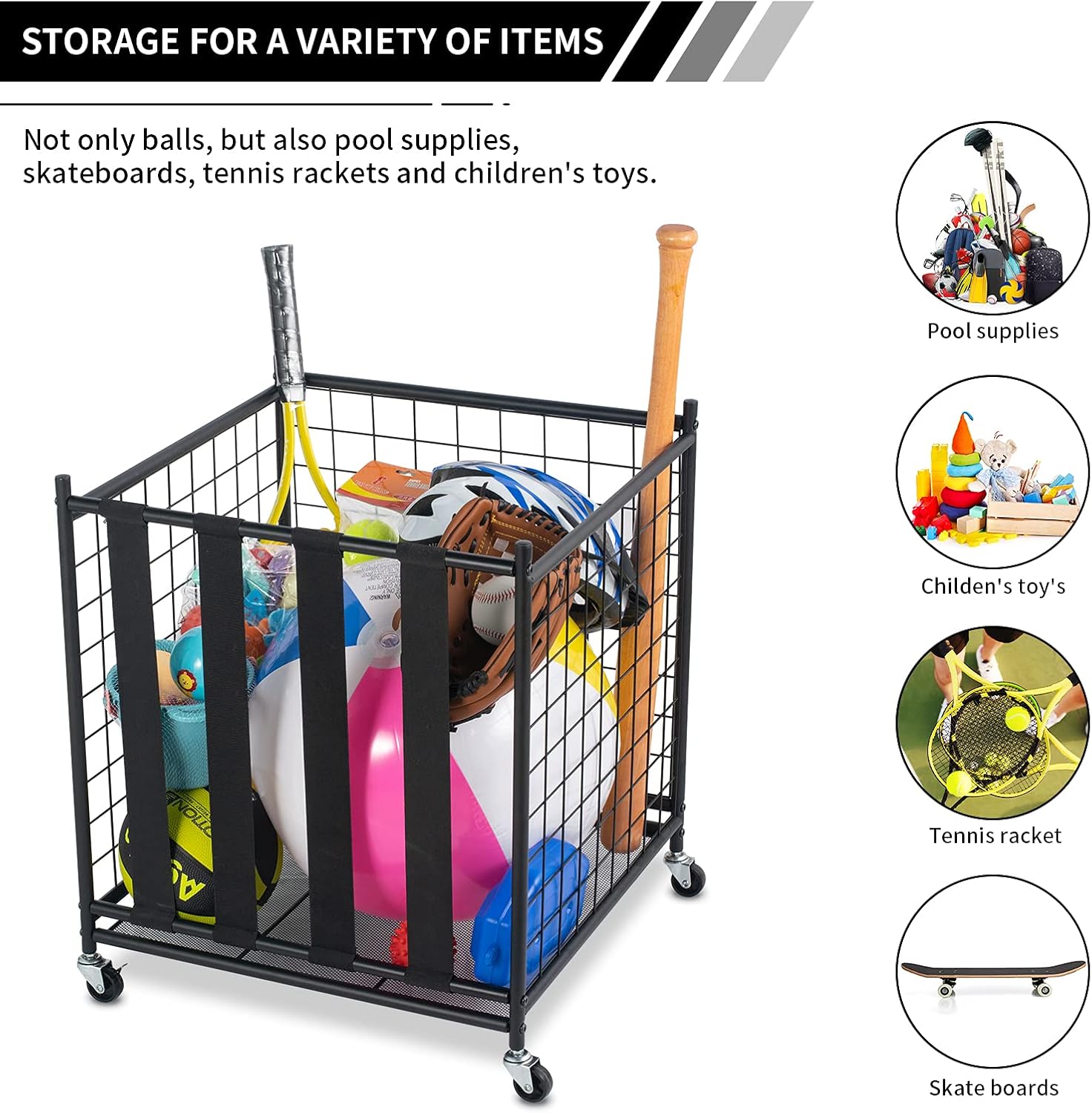 Oududianzi Ball Storage, Rolling Sport Balls Cart, Ball Organizer for Garage, Garage Organizer Sport Rack, Ball Basket Storage with Elastic Straps, Garage Sports Equipment Organizer for Kinds Balls : Sports & Outdoors