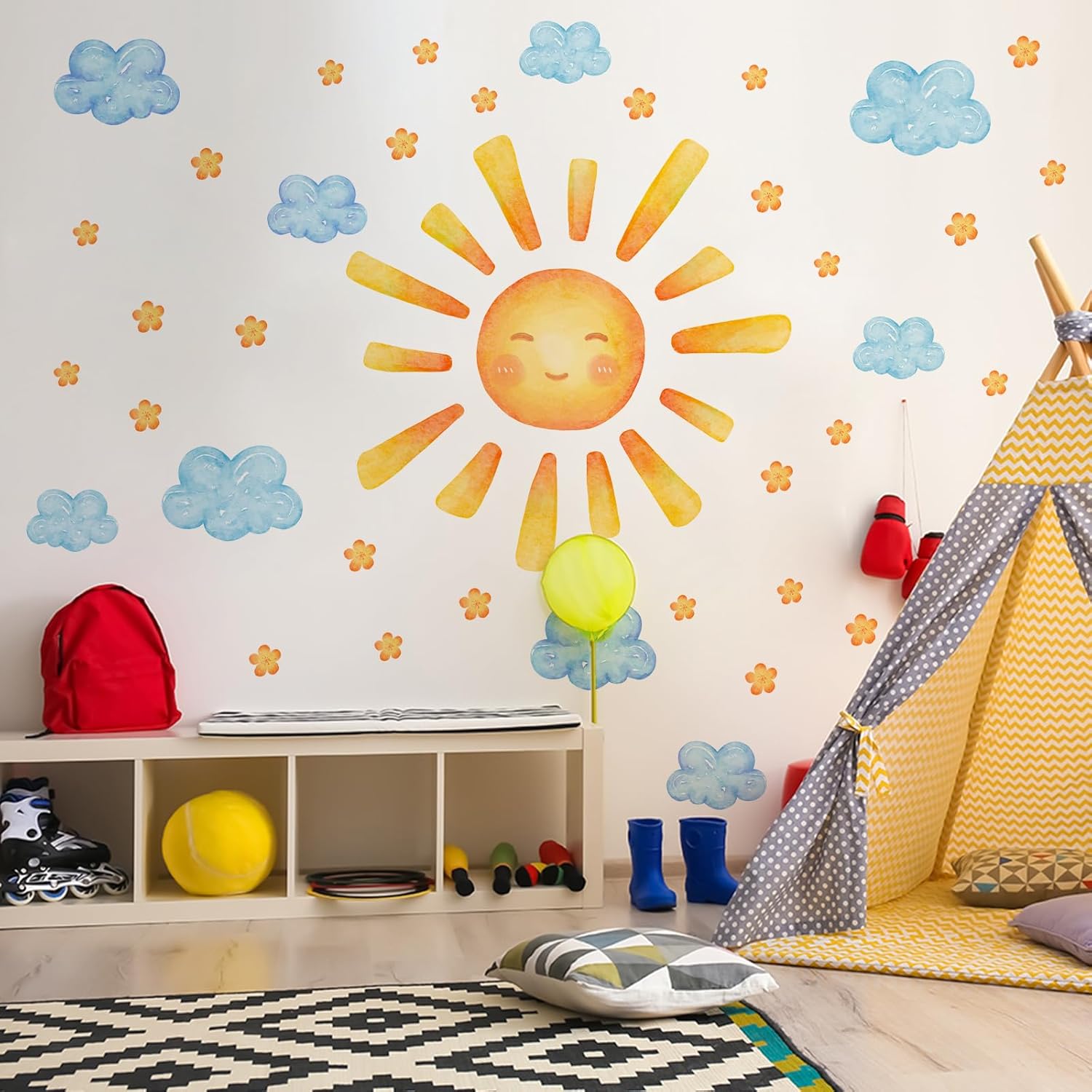 35.4 ×11.8 Inch Sun Clouds Wall Decal Watercolor Mural Modern Vinyl Removable Peel Stick Sticker for Nursery Room Playroom Living Room Bedroom Decor