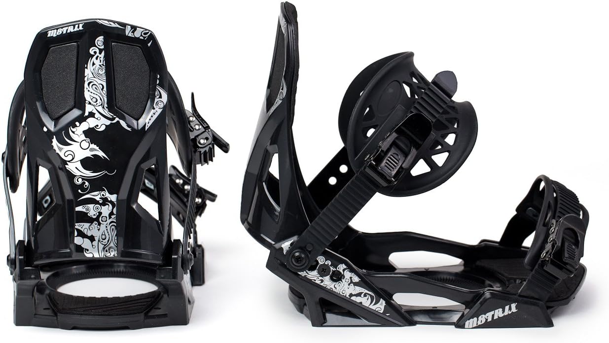 WOMEN'S M8TRIX SNOWBOARD BINDINGS (4X4 PATTERN) MEDIUM BOOT SIZE: 7-9 (BLACK/SILVER)