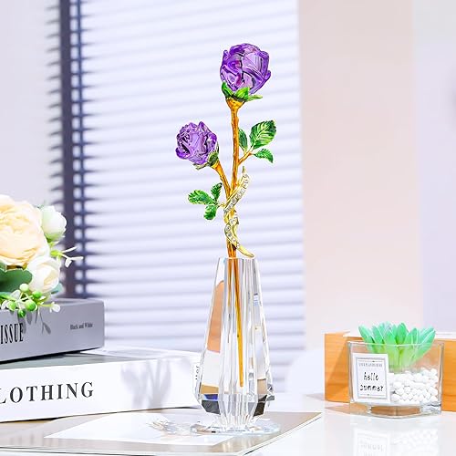Miniatura 6 de YWHL Figura de cristal hecha a mano con florero, ramo de flores de cristal, adorno de rosas para esposa, mujer, flor de cristal, decoración de mesa