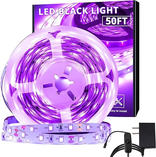 Kit de tira de luz LED negra de 50 pies, 900 unidades de cuentas de lámpara, luces negras no impermeables para fiestas brillantes, cumpleaños en