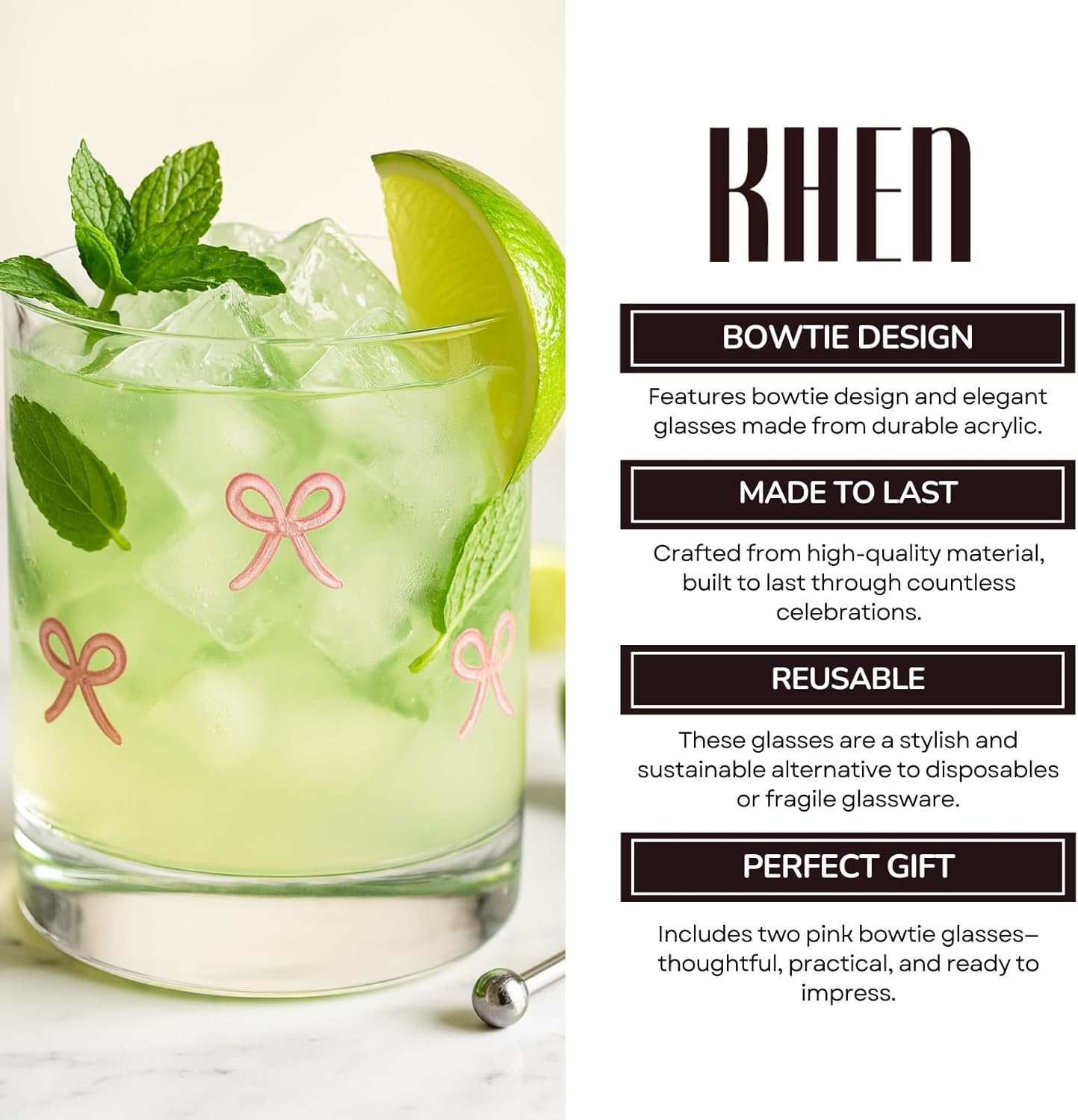 Khen 2 Pack Coquette Bow Icon Juice Glass Coquette Bow Aesthetic Cup 15 ounce Double Old Fashioned Icon Handblown Cocktail glasses for Women Friend Party, Bridal Shower Gifts(Blush Pink)