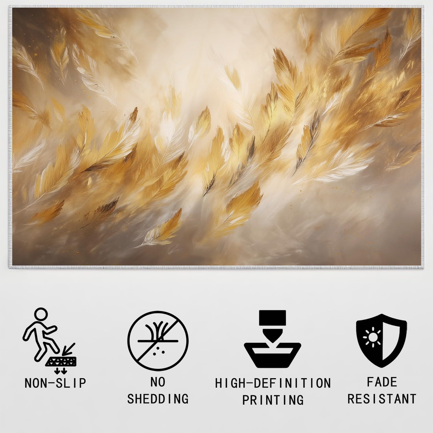 Generico Abstrakcyjny etherowy onrycki artystyczny nadruk estetyczny miękki pióra można prać w pralce miękki w dotyku 140 x 200 cm trwały złoty dywan do sypialni antypoślizgowa mata