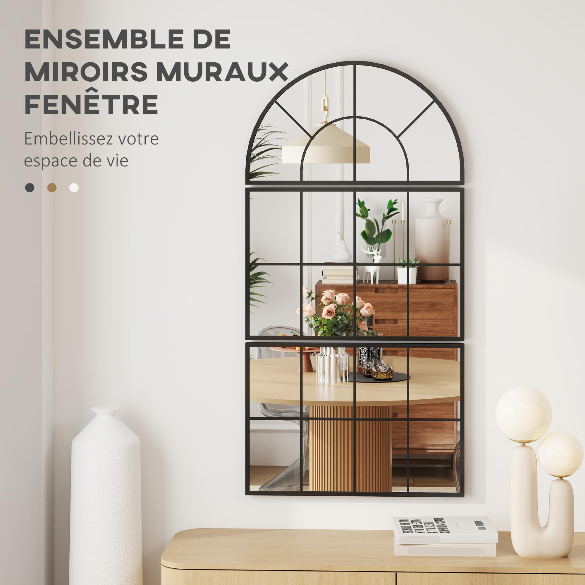 HOMCOM Miroir Mural Arqué Ensemble de 3 Pièces 76 x 150 cm Noir