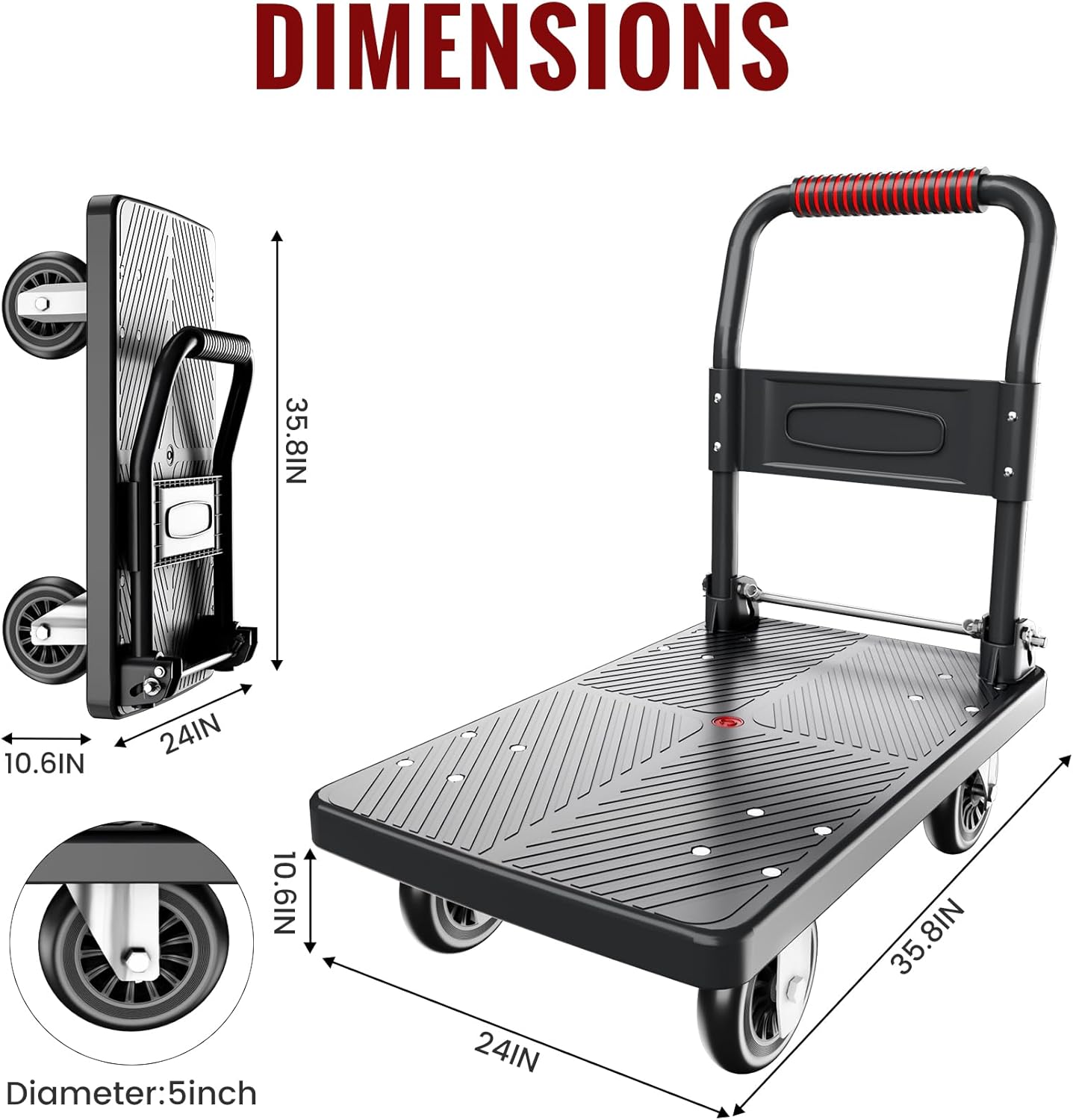 Upgraded Foldable Push Cart Dolly | 780 lbs.Capacity Moving Platform Hand Truck | Foldable for Easy Storage | 5'' PU 360 Degree Swivel Silent Wheel-Black