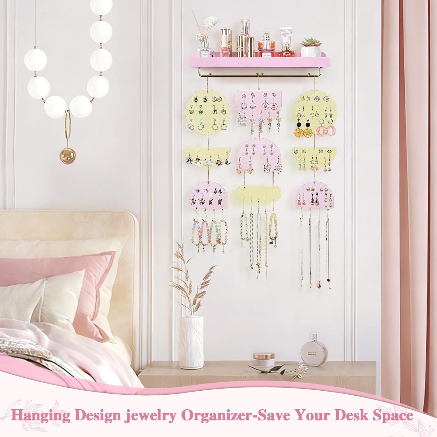 Keebofly Wall Mounted Jewelry Organizer, Hanging Earring Holder with Wood Shelf & Necklace Hooks, Acrylic Pegboard Earring Display Rack for 100+ Pairs Studs, Hoops & Dangles, Decorative Storage, Pink
