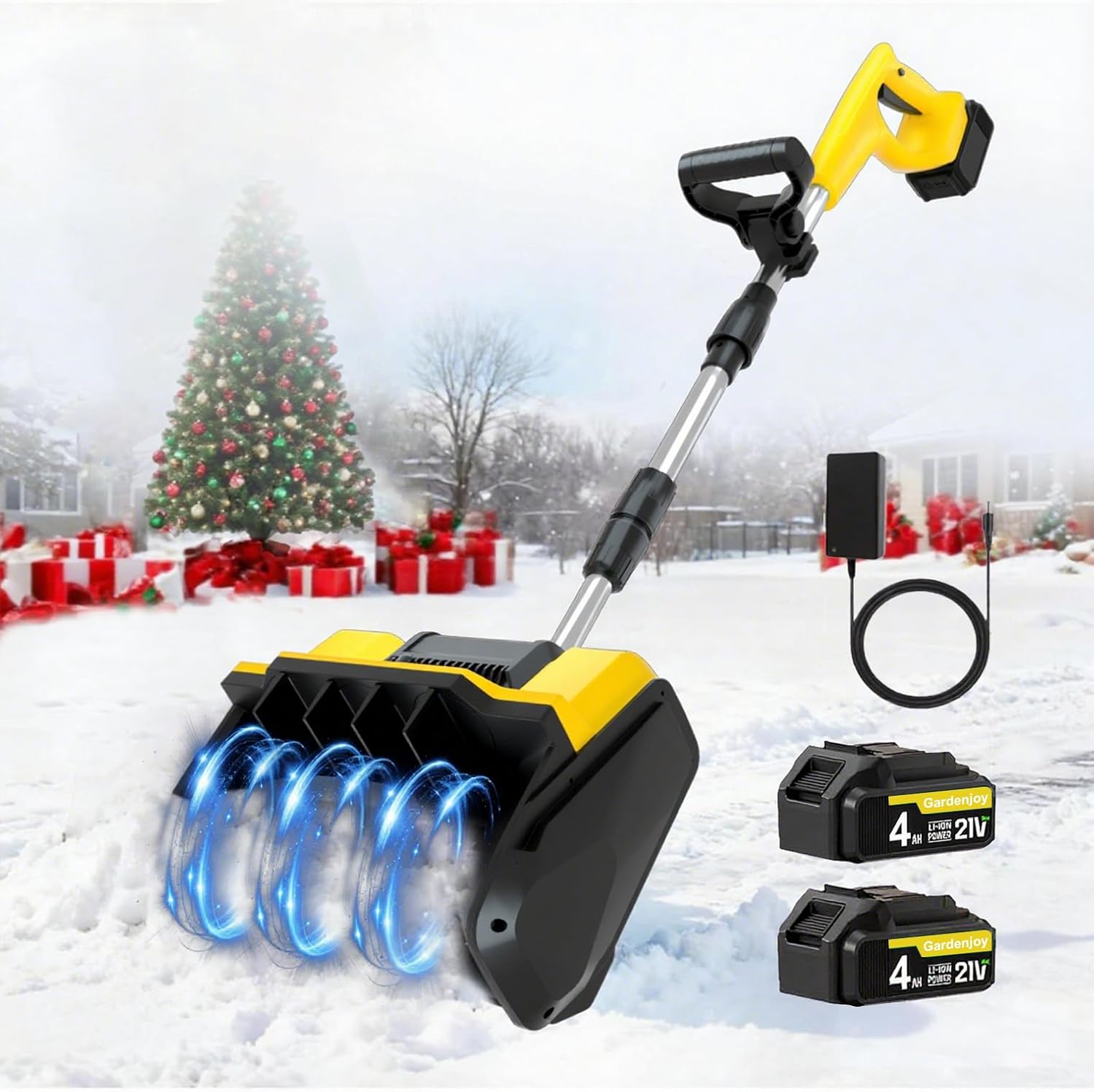 Cordless Snow Shovel, 21V Cordless Electric Snow Blower with Battery and Charger, 19FT Throw Distance, Lightweight 9.9lb for Driveway, Sidewalk, Steps, Patio(Yellow)