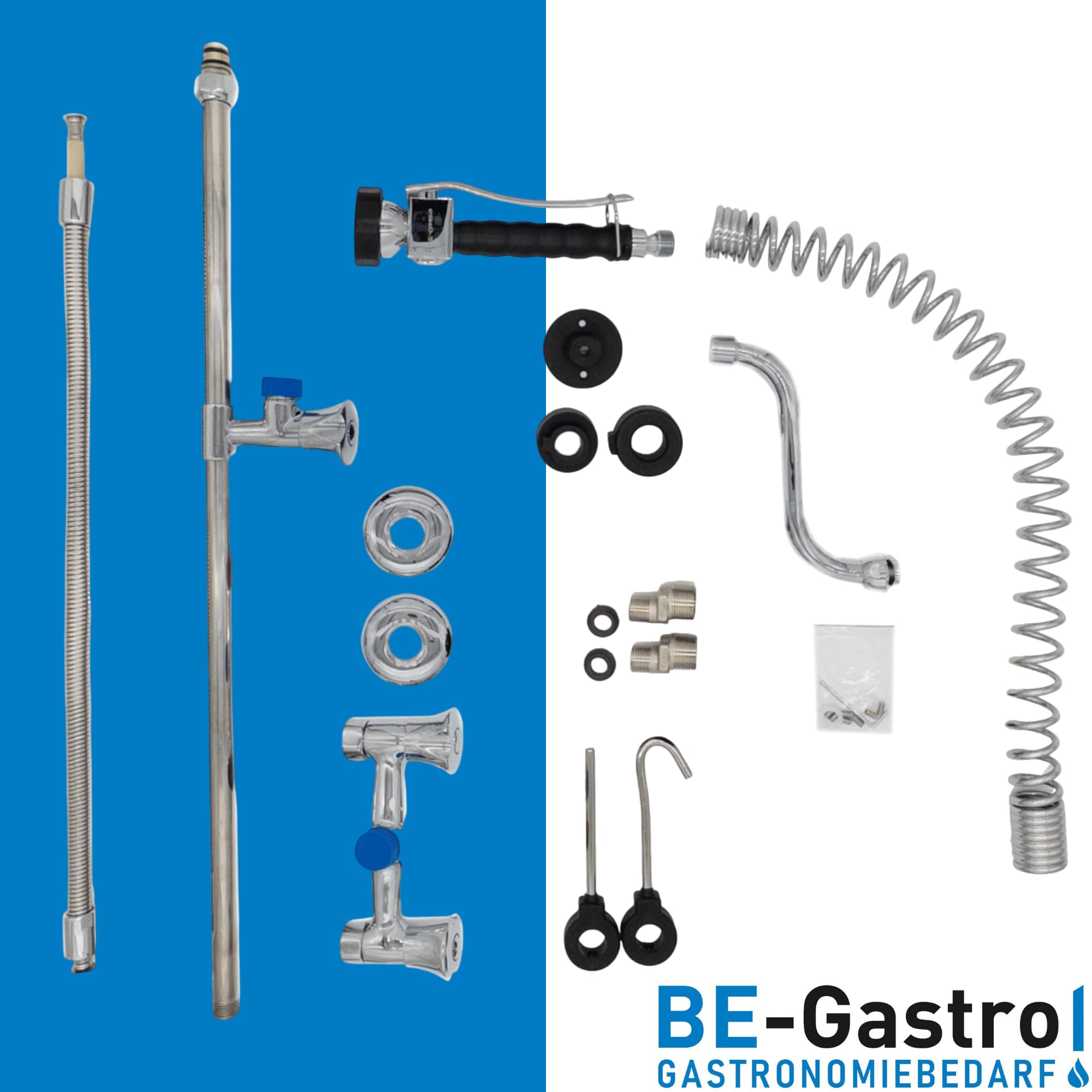 BE-GASTRO I Grifo Industrial Hostelería - Grifo de cocina con dos orificios (incluye grifo, grifo mezclador y mango ergonómico de palanca I Ducha gastronómica con accesorios, grifo de pared