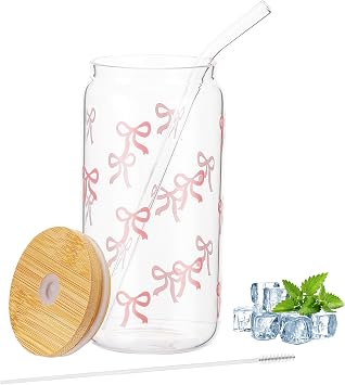 Hejo Bow Glass Cups with Lids and Straws,500ml Leak-Proof Iced Coffee Cup with Pink Stuff,Cute Matcha Glass Tumbler with Straw and Lid,Elegant Bubble Tea Cup for Coffee,Milk,Cocktail,Smoothie