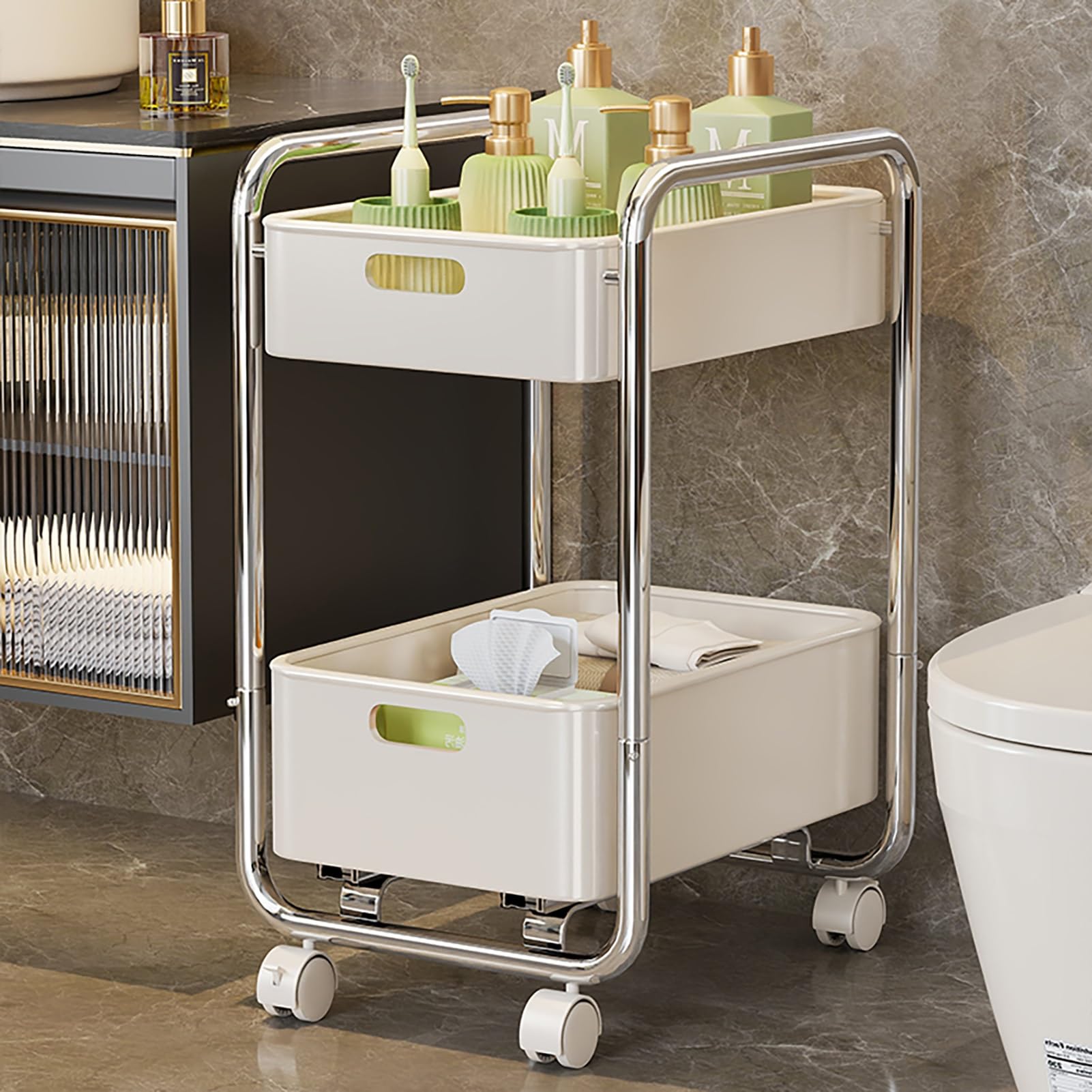 Aufbewahrungswagen mit 2 Ebenen, Badezimmer-Organizer, Roll-Utility, ausziehbarer Heim-Organizer, Organisation für Wohnzimmer, Badezimmer, Küche und schmale Orte.
