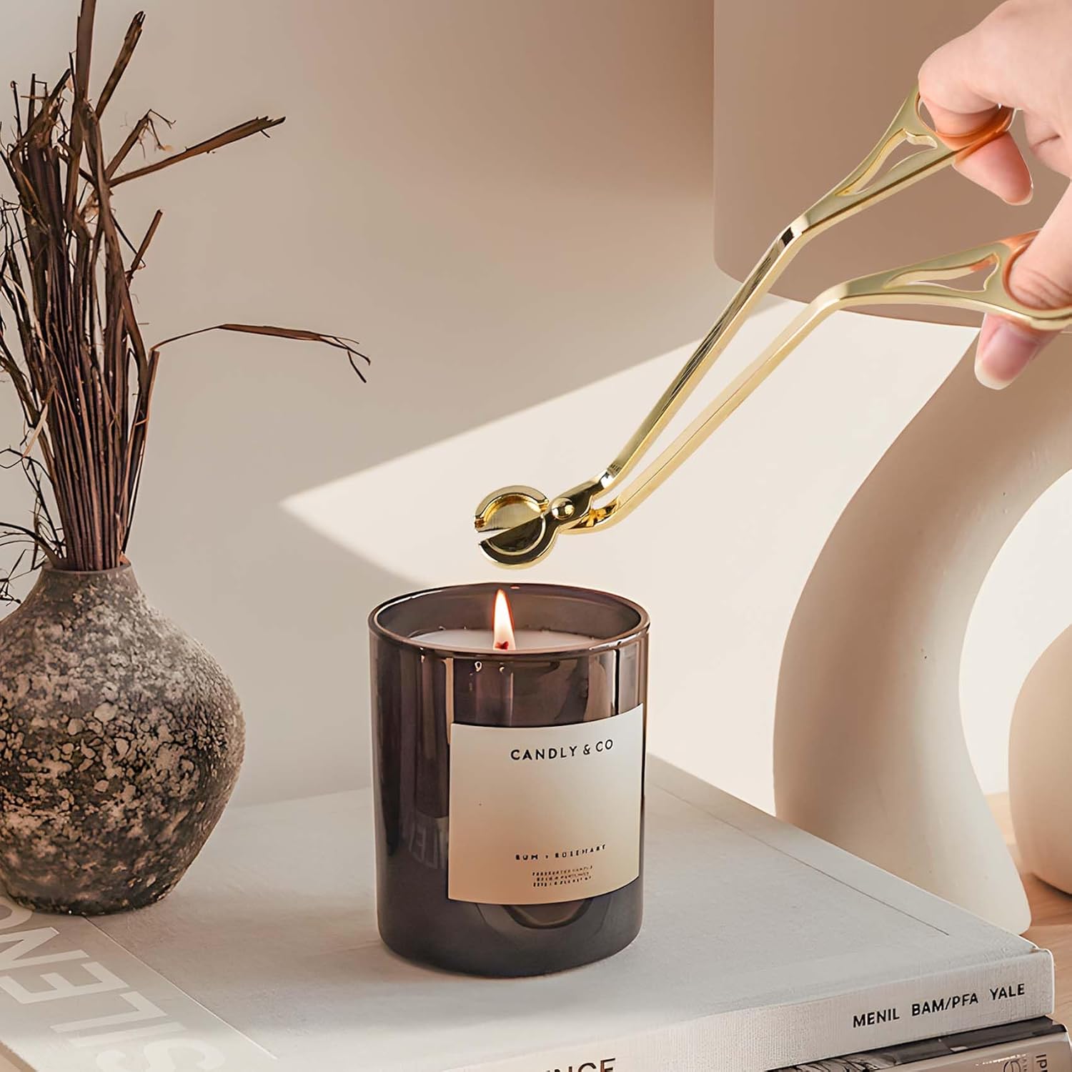 Candle Wick Trimmer, Polished Stainless Steel Candle Scissors, Candle Snuffer, Candle Wick Clipper Openwork Design, Oil Lamp Candle Accessories for Various Occasions (Gold)