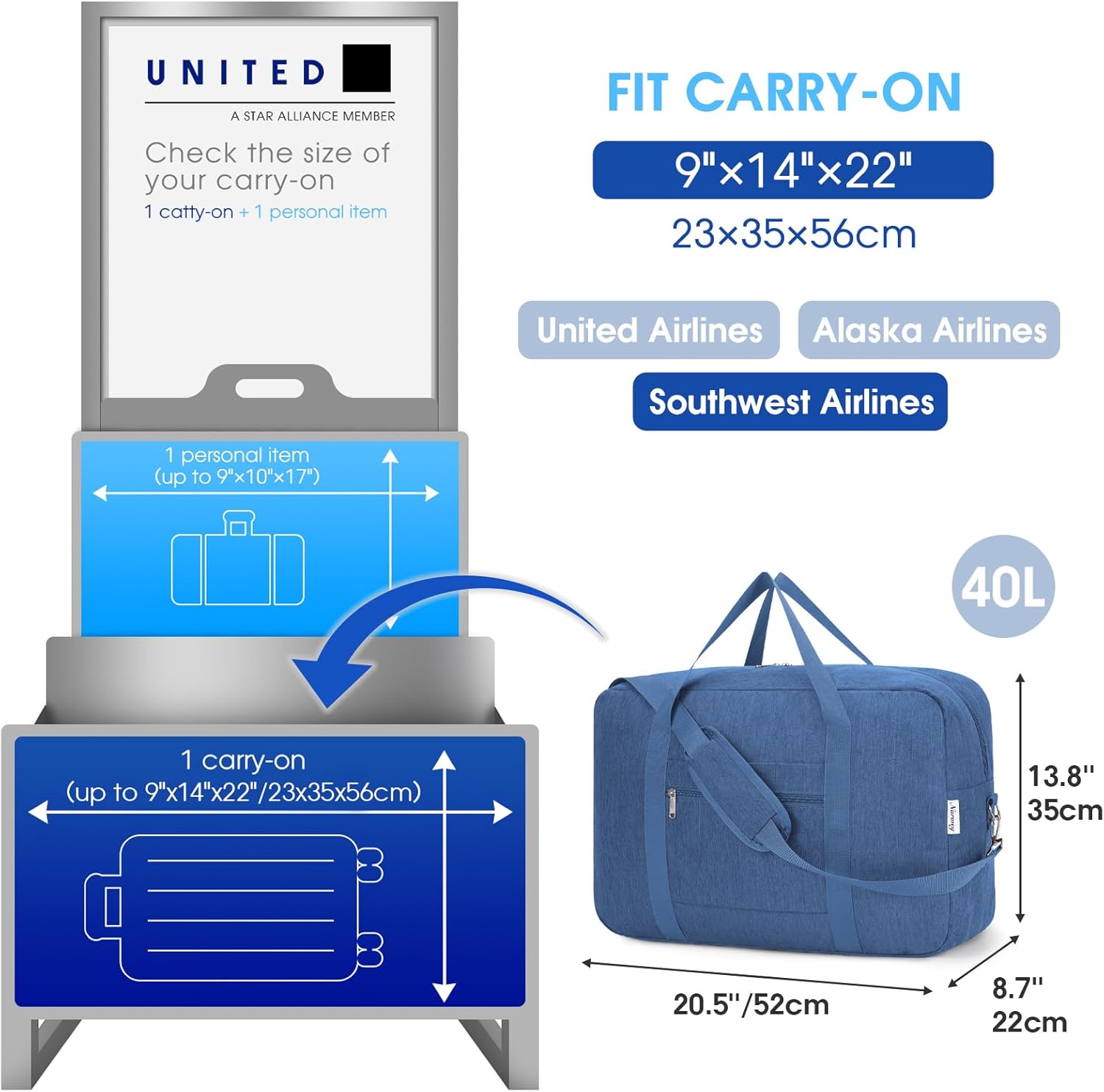 Carry on luaggage 22x14x9 Airlines Approved Foldable Carry on Bag Travel Duffel Packable Duffle Overnight for Women and Men 40L (Navy Blue) - Image 2