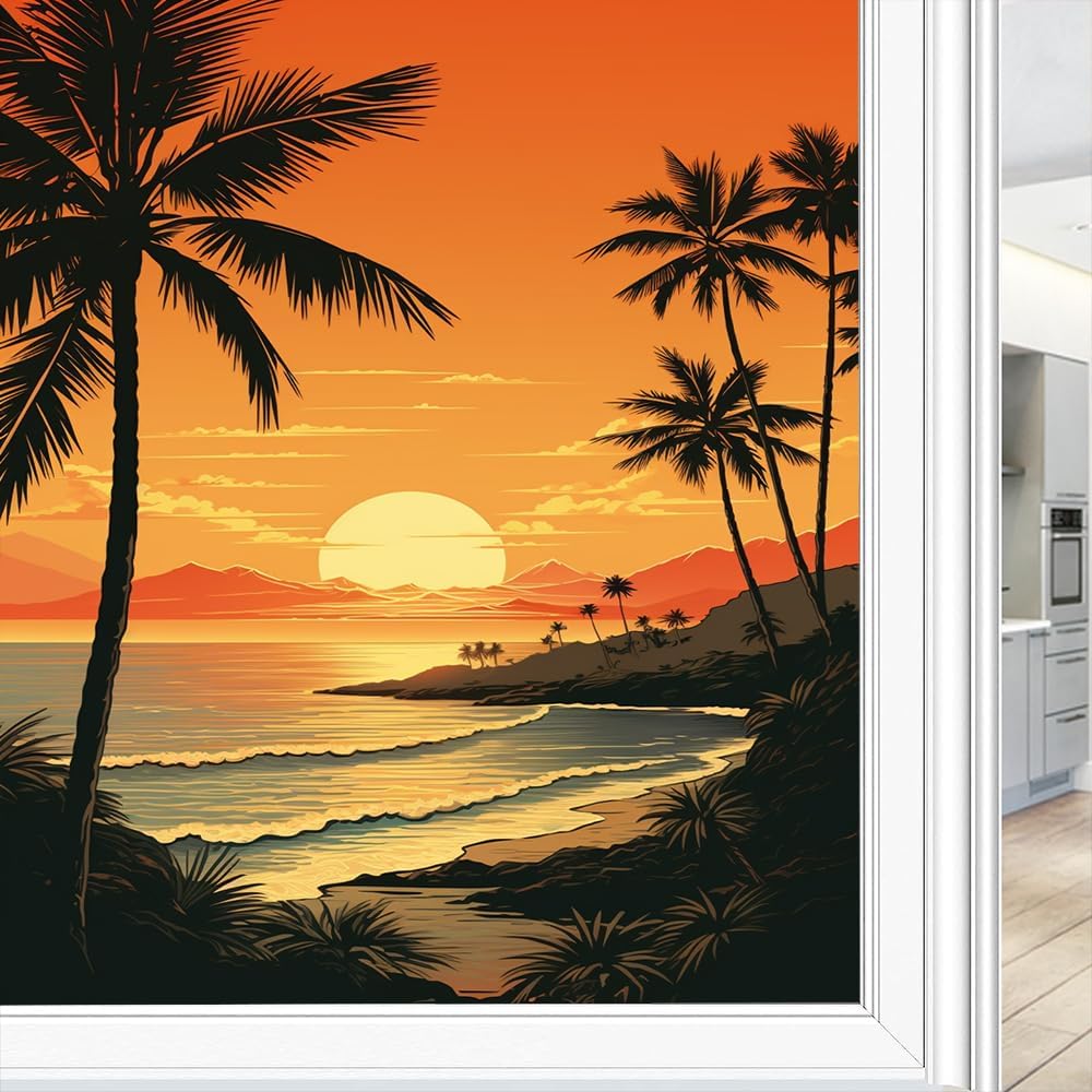 Sunset Beach Stained Glass Window Film Colourful Sky Natural Ocean Palm Trees Privacy Window Film Self-adhesive Glass Film Decorative Glass Sticker Frosted Film for Home Office 23.6Wx35.4L inch