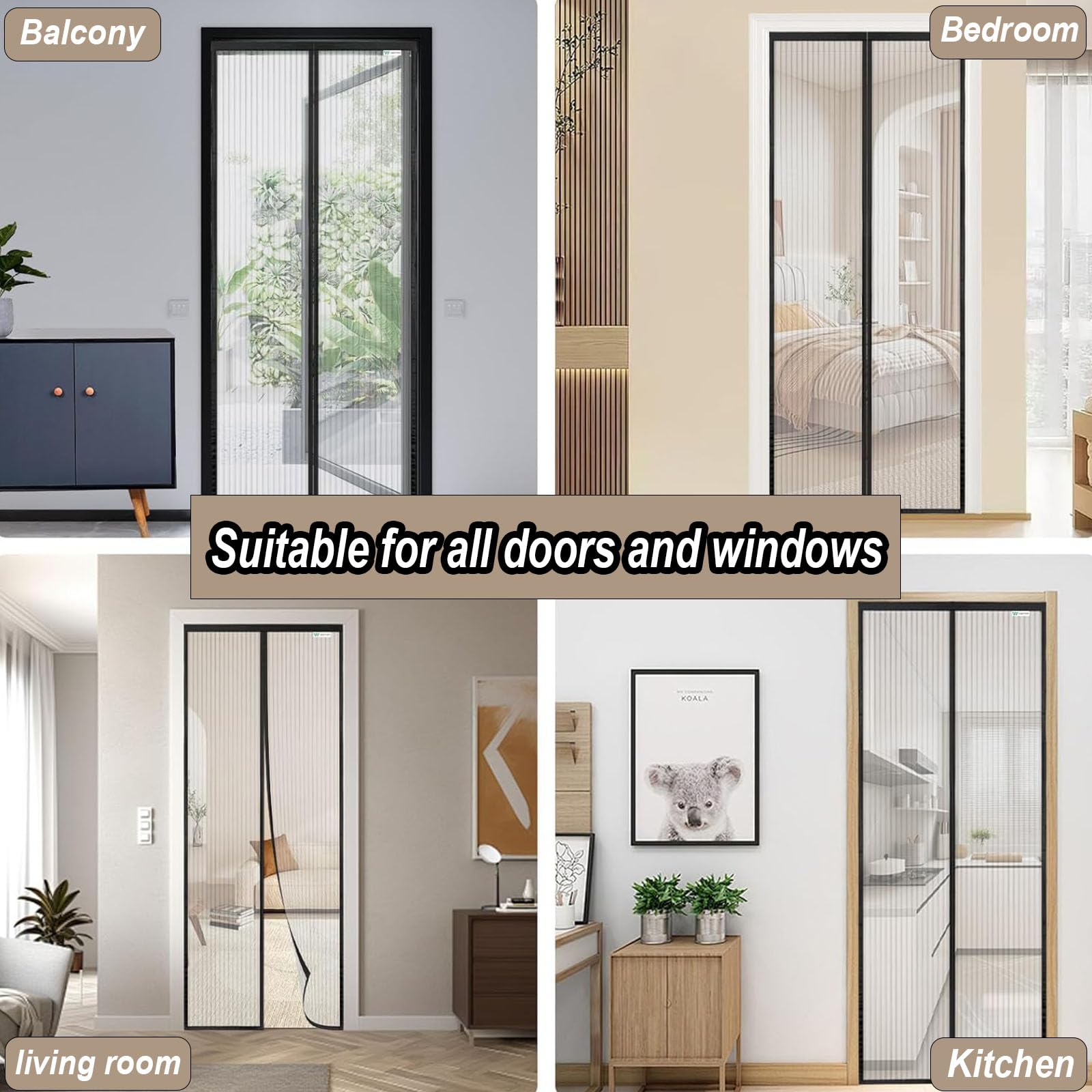 Fliegenvorhang Balkontür Magnet 183 x 232 cm Ohne Bohren mit Starken Magneten Selbstschließend Magnetisches Fliegengitter für Balkontür Wohnzimmer Terrassentür, Schwarz
